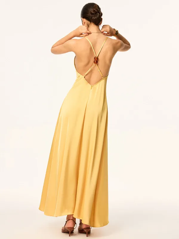 Crisscross Strap Backless Satin Maxi Dress sold by COMMENSE