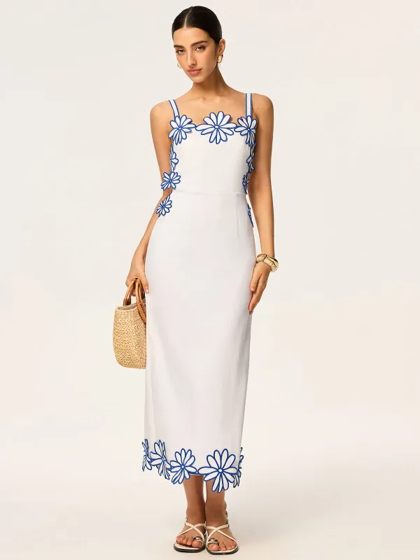 Semi-Sheer Floral Embroidery Back Bow Maxi Dress sold by COMMENSE