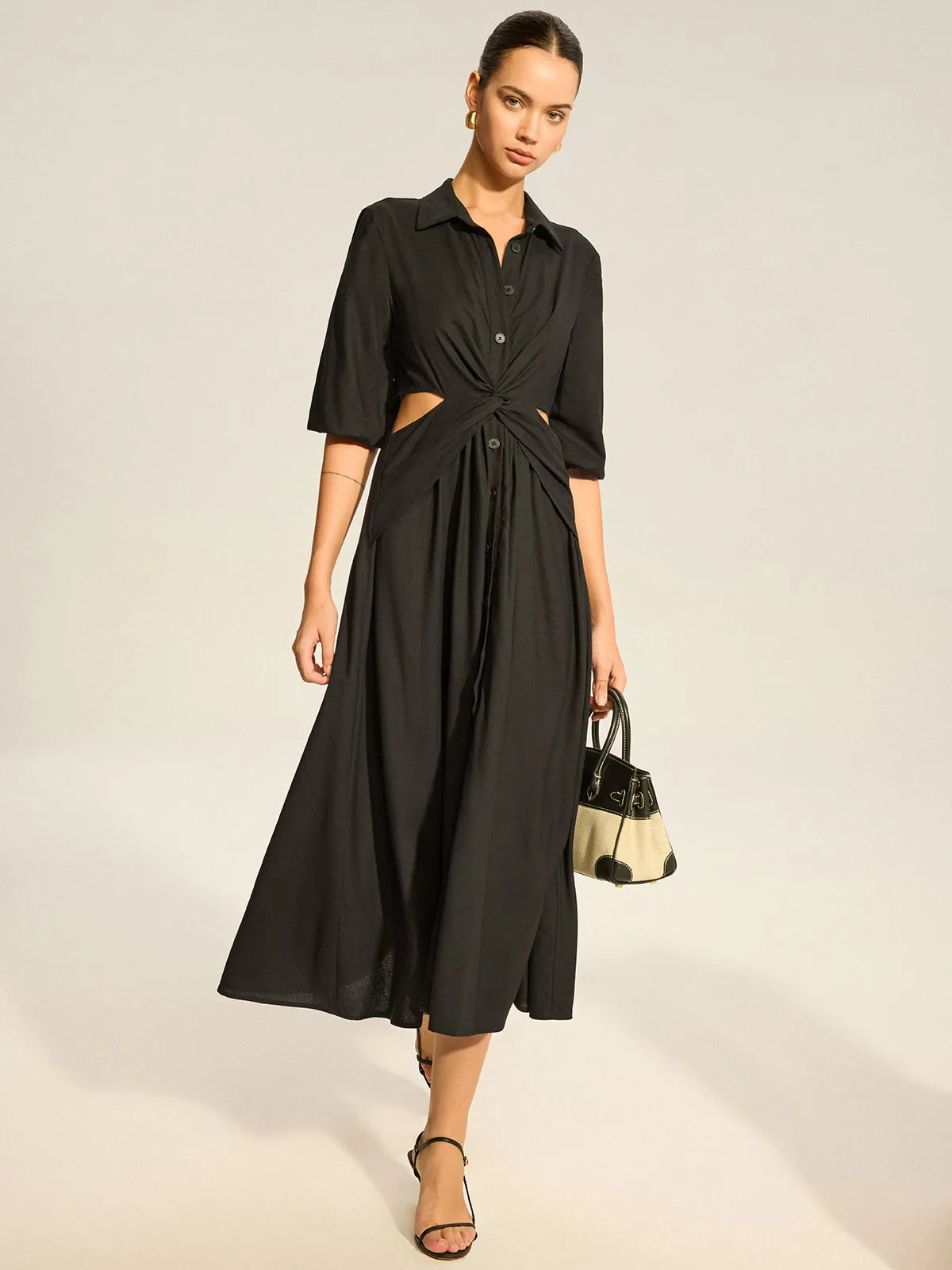 Twist Cut-Out Button Shirt Dress sold by COMMENSE product image thumbnail 2