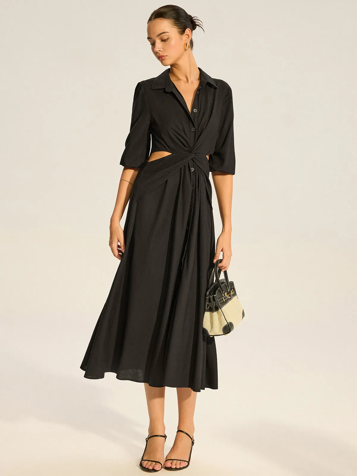 Twist Cut-Out Button Shirt Dress sold by COMMENSE product image thumbnail 3