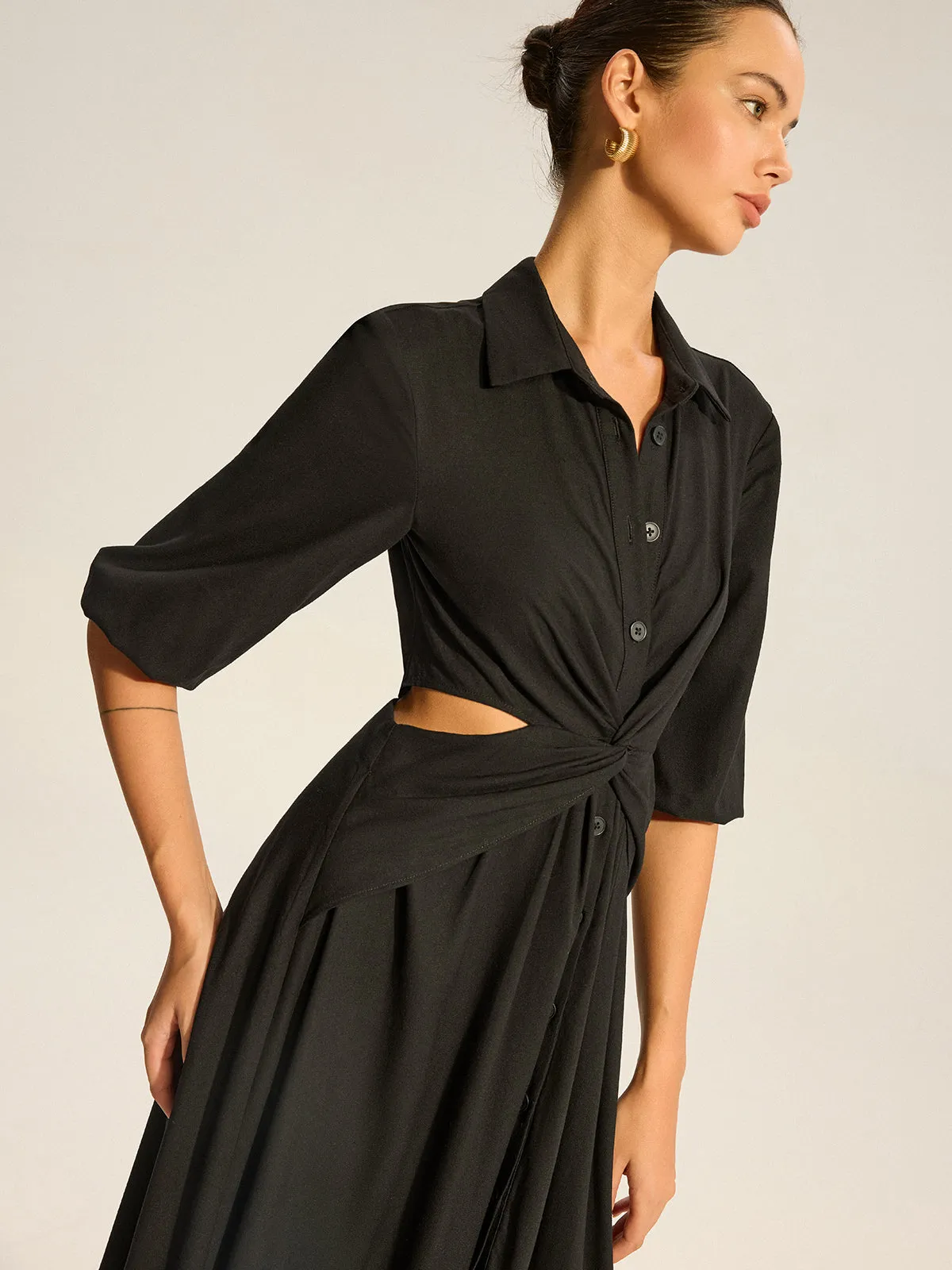 Twist Cut-Out Button Shirt Dress sold by COMMENSE product image thumbnail 5