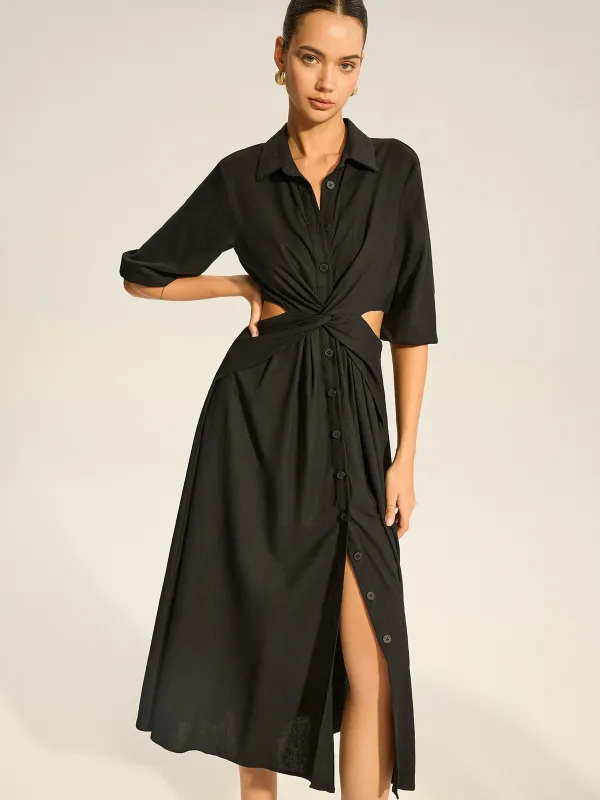 Twist Cut-Out Button Shirt Dress sold by COMMENSE