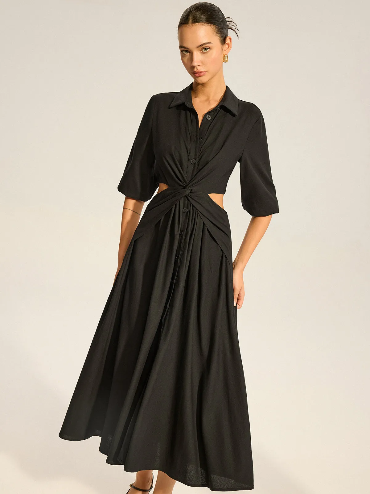 Twist Cut-Out Button Shirt Dress sold by COMMENSE product image thumbnail 4