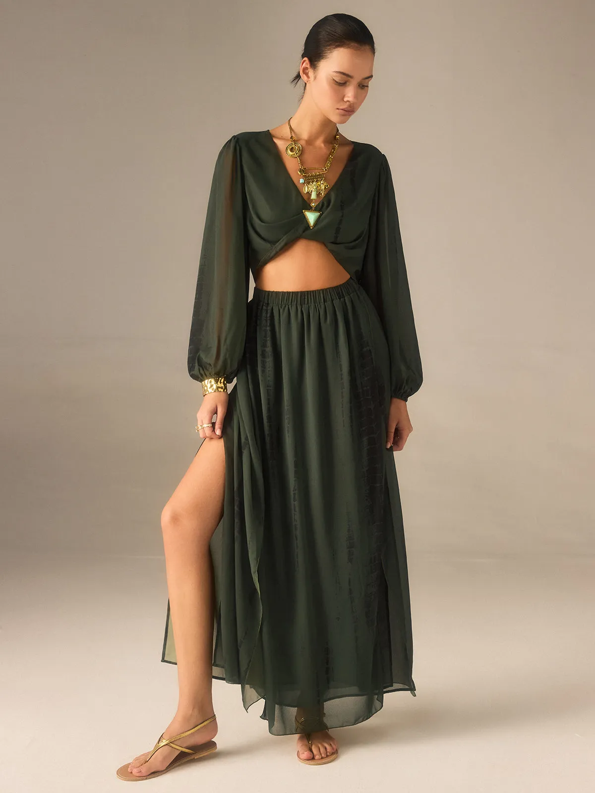 Chiffon Crop Top and Slit Maxi Skirt Set sold by COMMENSE