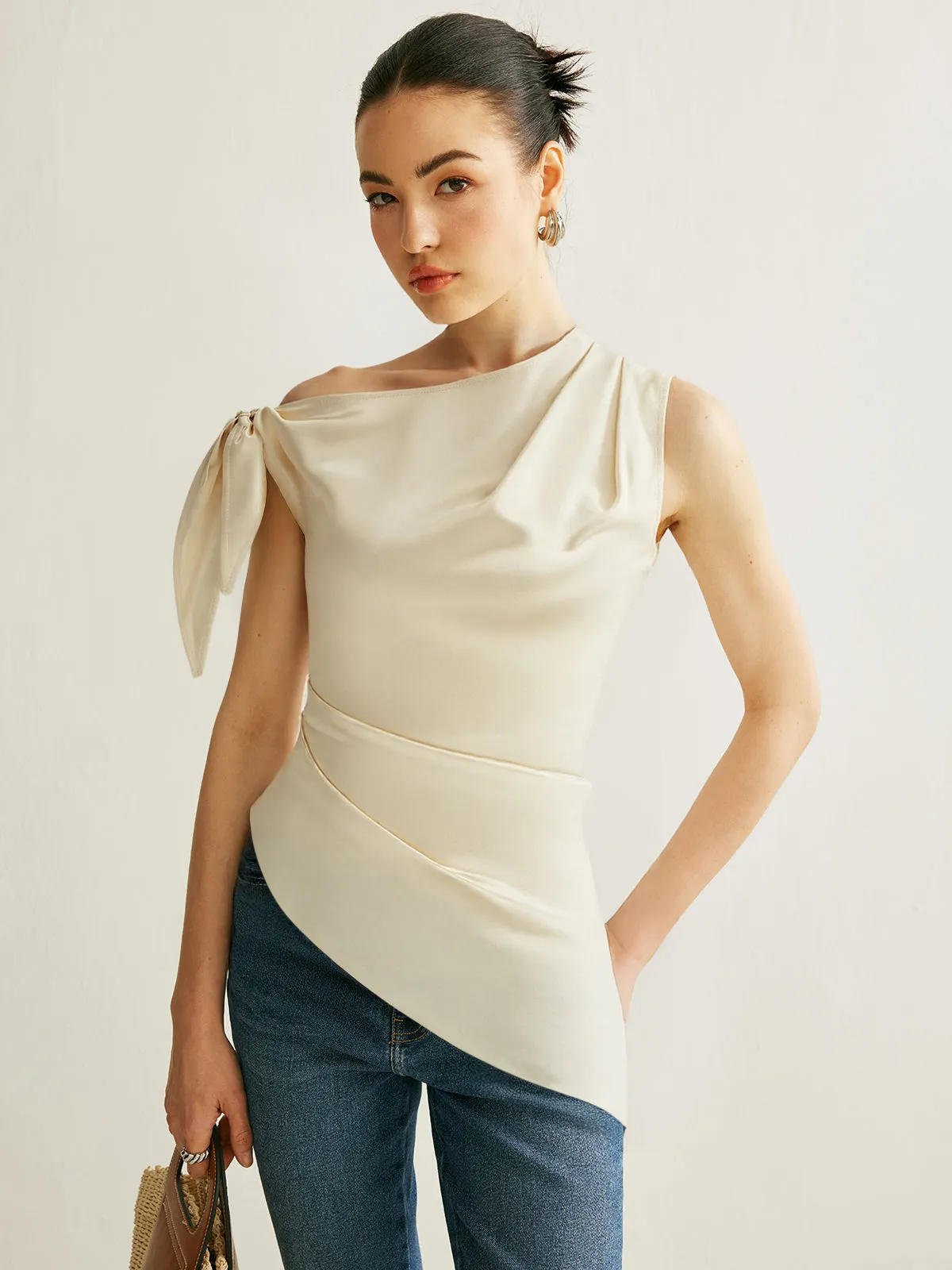 One-Shoulder Asymmetric Hem Top with Bow Detail sold by COMMENSE