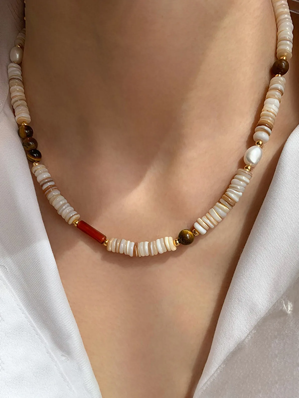 Tiger Eye and Shell Beaded Necklace sold by COMMENSE