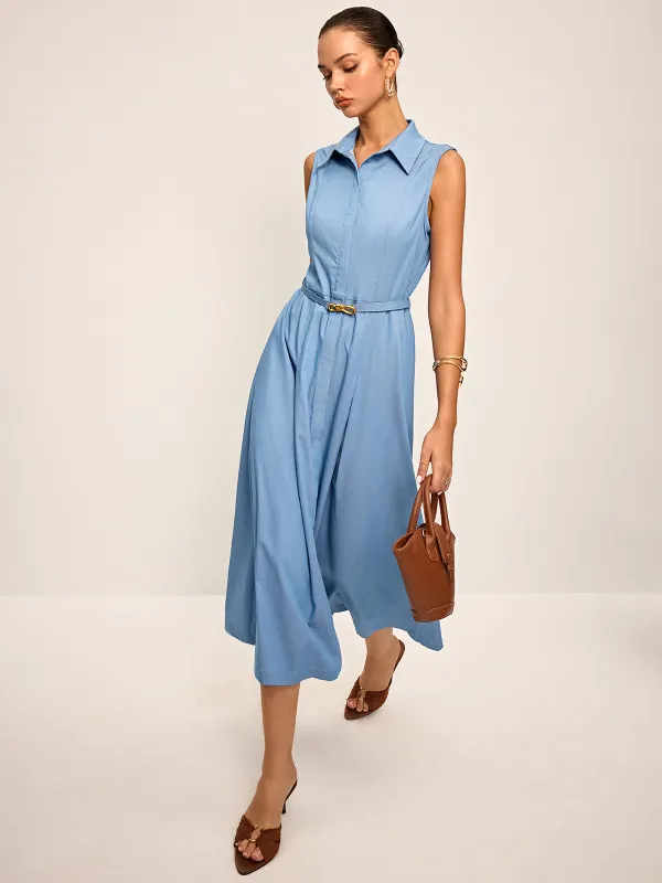 Belted Sleeveless Shirt Midi Dress sold by COMMENSE