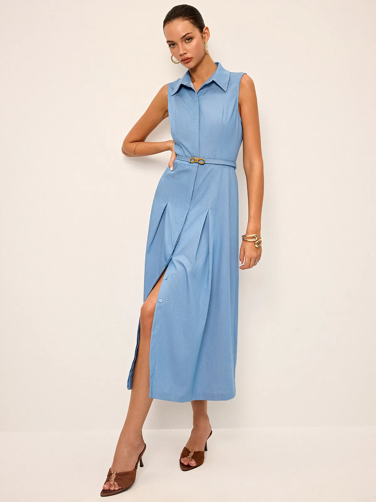 Belted Sleeveless Shirt Midi Dress sold by COMMENSE product image thumbnail 5