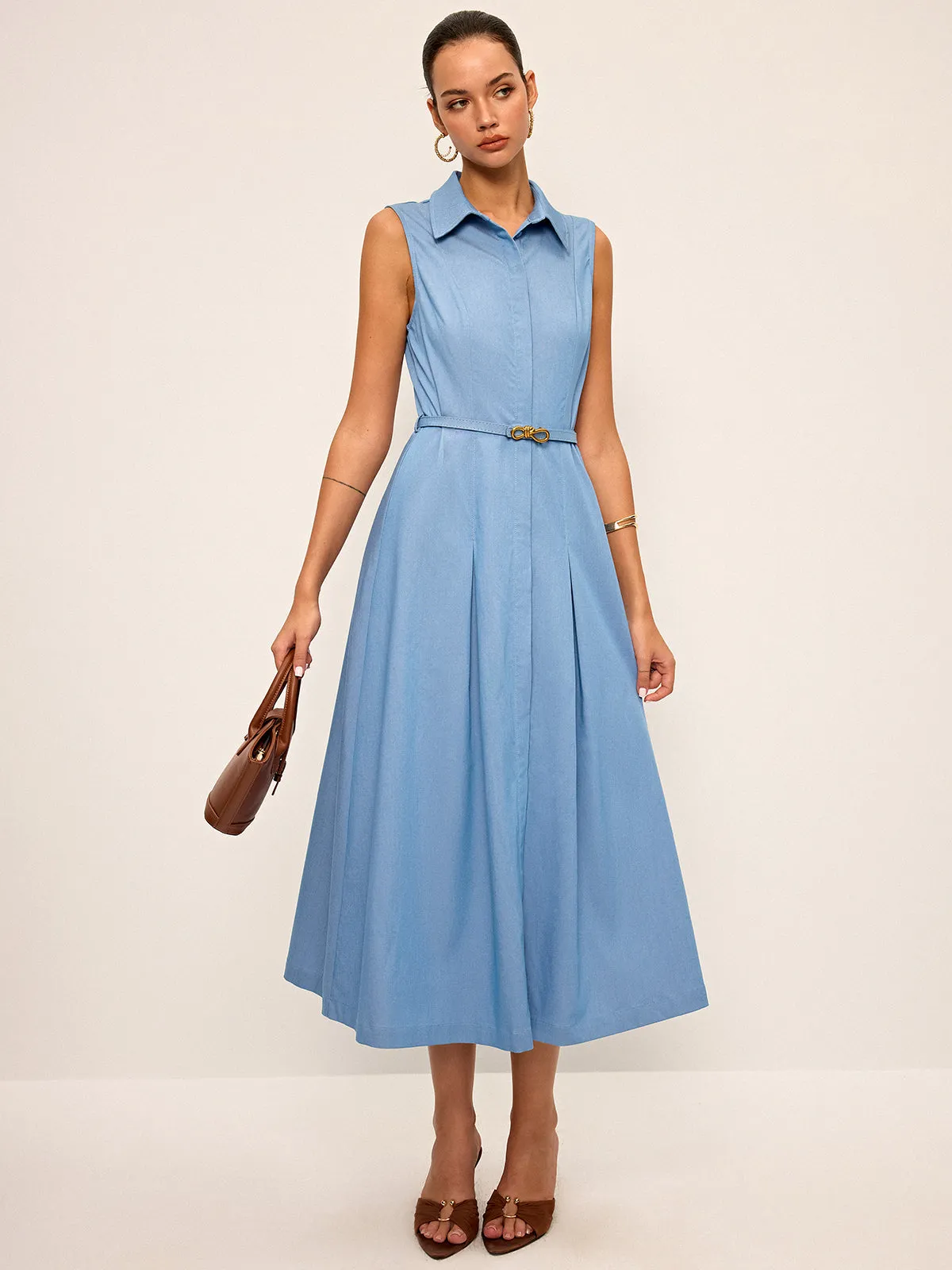 Belted Sleeveless Shirt Midi Dress sold by COMMENSE product image thumbnail 3