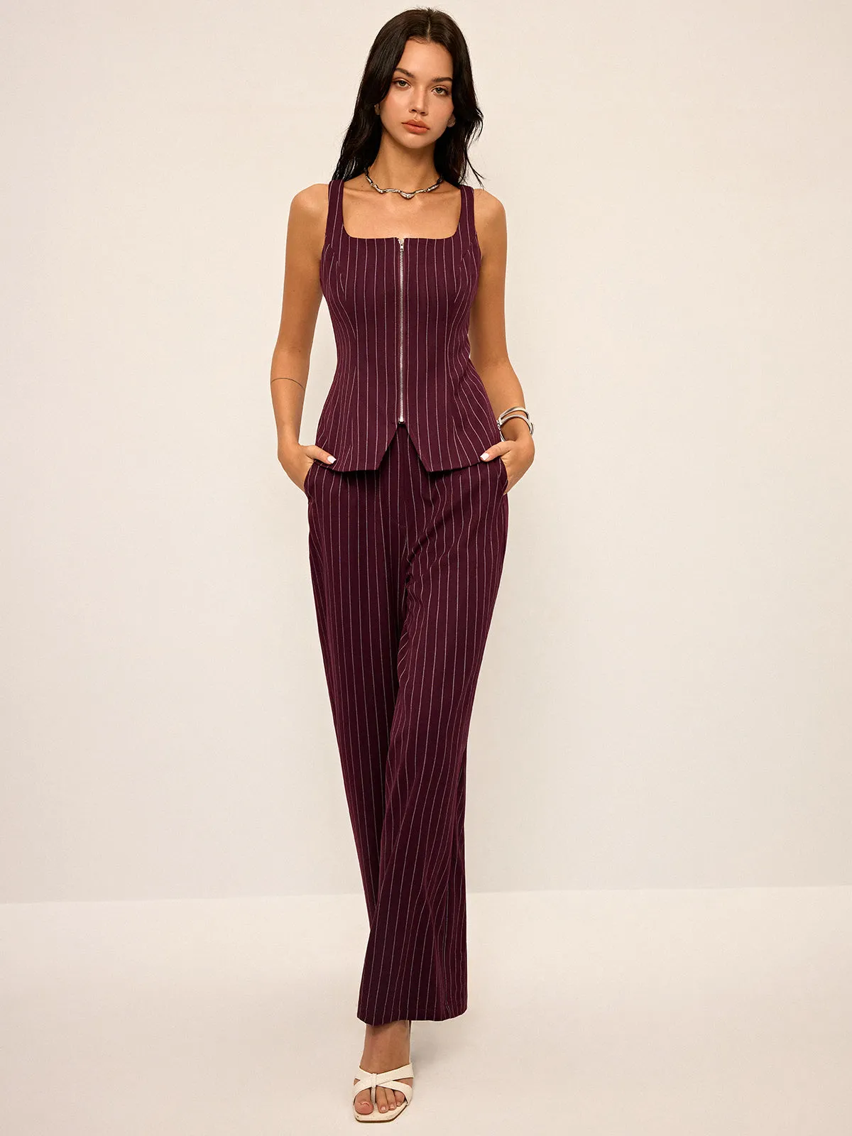 Pinstripe Zipper Vest with Slit sold by COMMENSE product image thumbnail 5