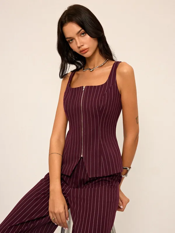 Pinstripe Zipper Vest with Slit sold by COMMENSE