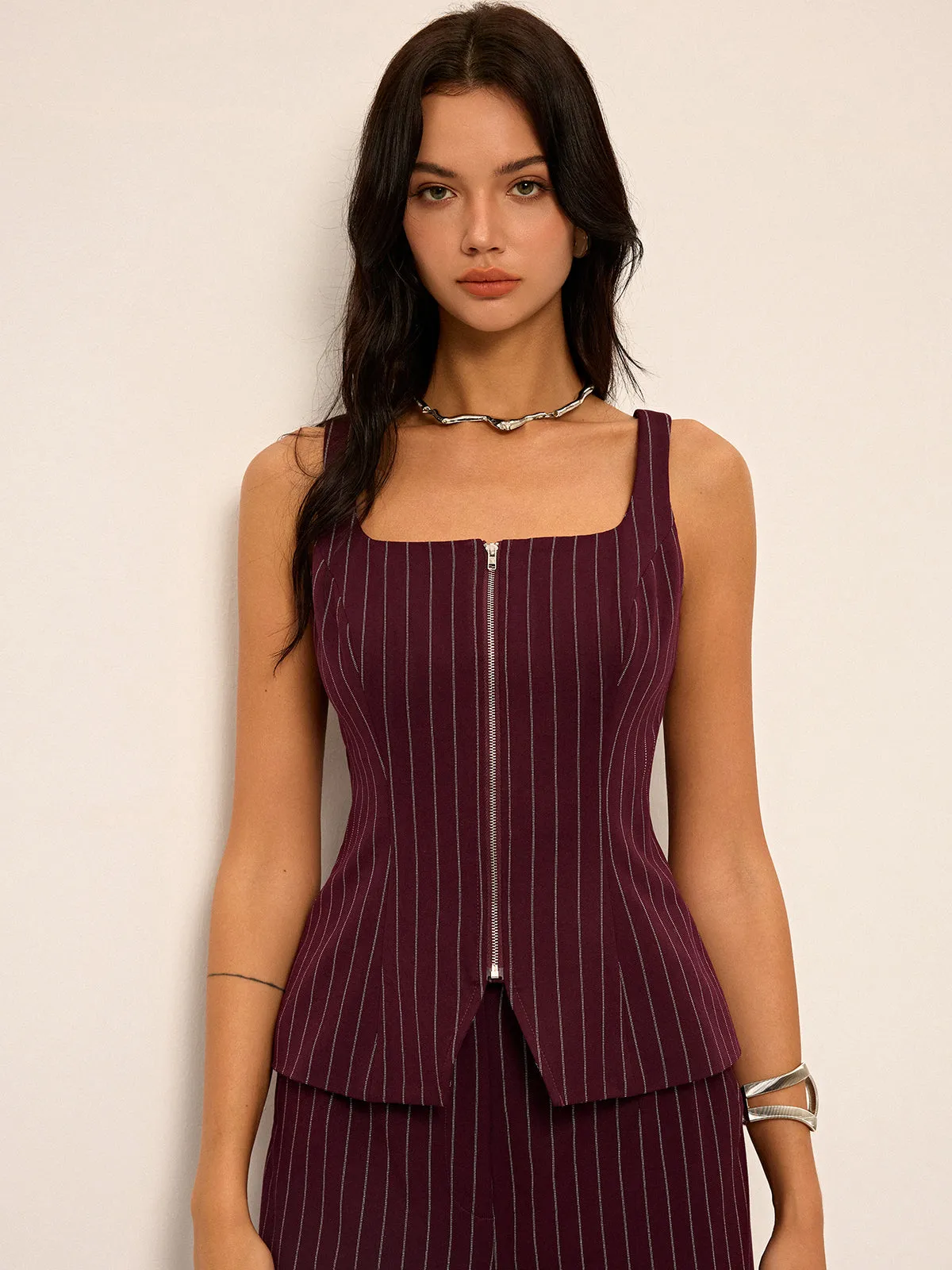 Pinstripe Zipper Vest with Slit sold by COMMENSE product image thumbnail 4