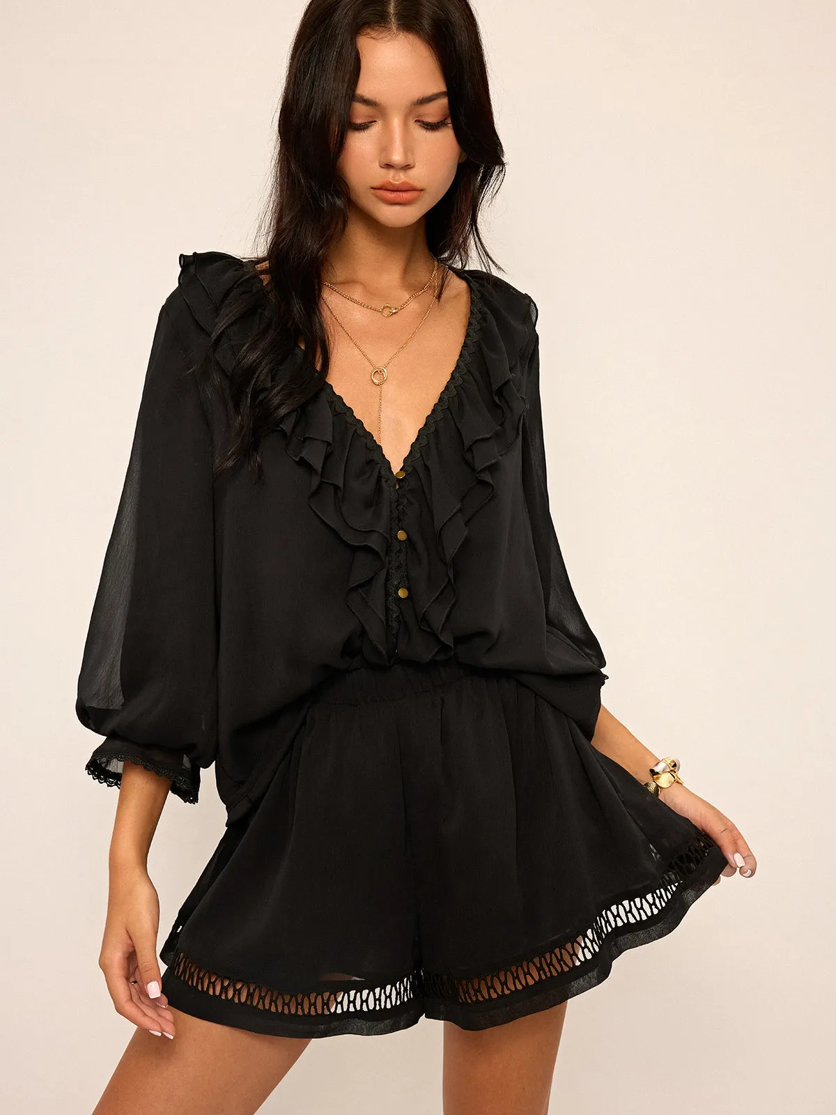 Ruffled Button Chiffon Top and Shorts Set sold by COMMENSE product image thumbnail 4