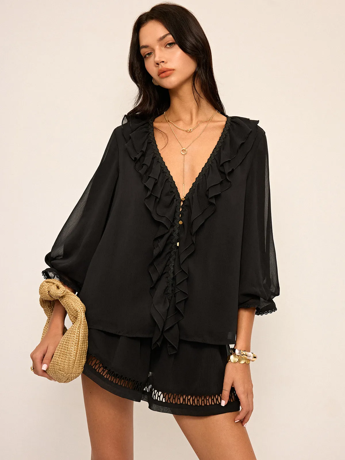 Ruffled Button Chiffon Top and Shorts Set sold by COMMENSE product image thumbnail 2