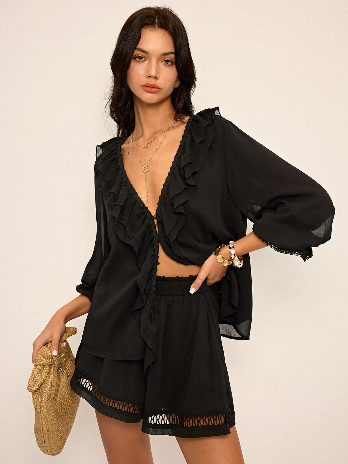 Ruffled Button Chiffon Top and Shorts Set sold by COMMENSE