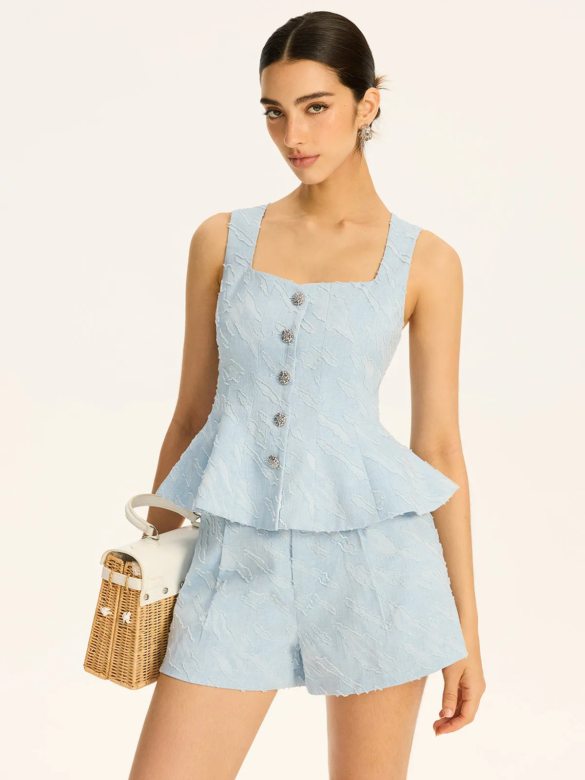 Textured Fabric Metal Button Peplum Vest sold by COMMENSE