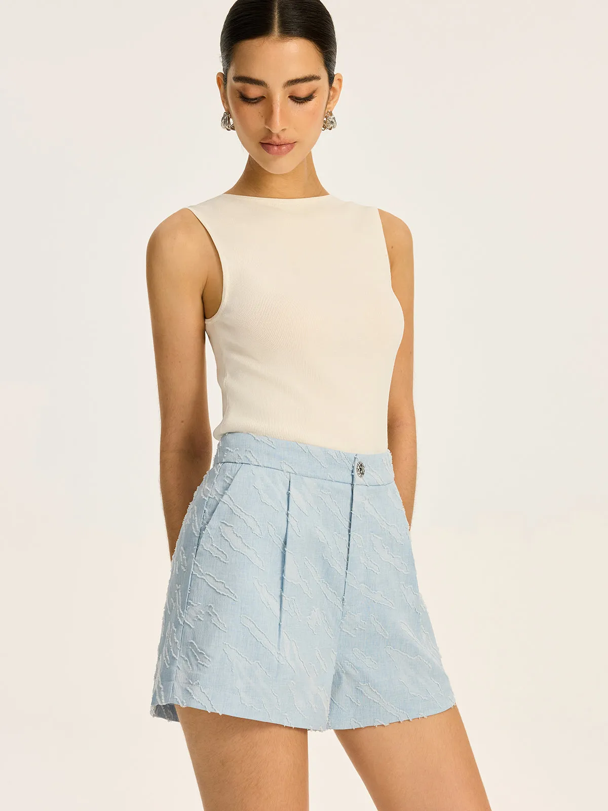 Textured Fabric Metal Button Mid-Waisted Shorts sold by COMMENSE product image thumbnail 3