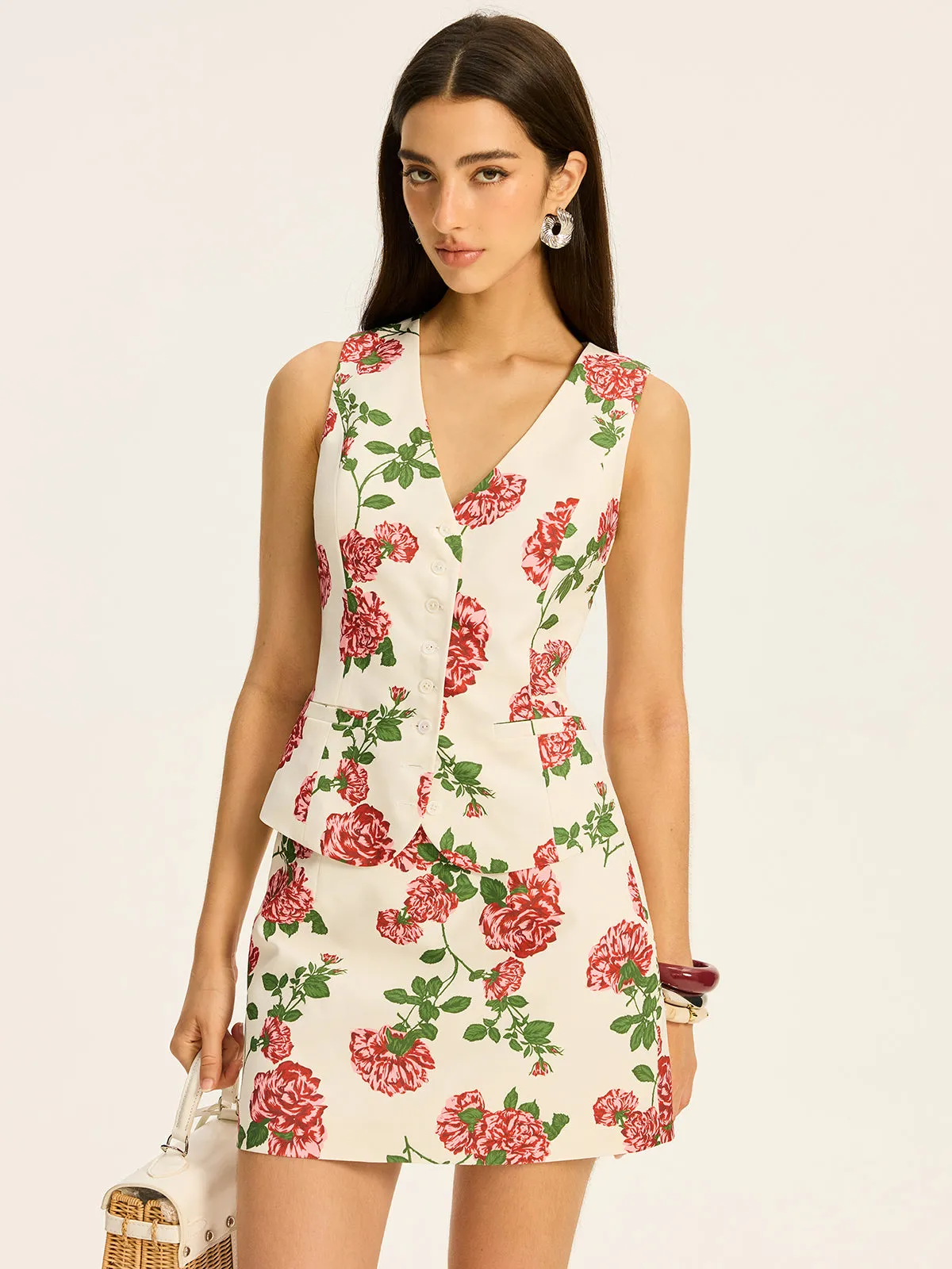 Floral Printed Vest and Skirt Set sold by COMMENSE