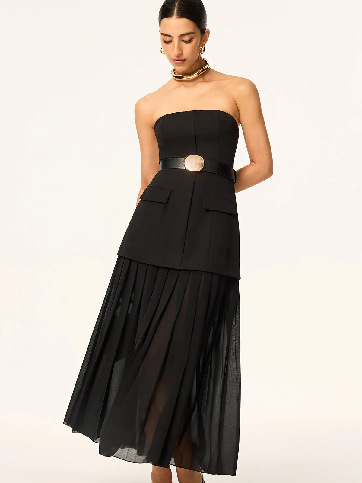 Strapless Belted Midi Dress with Pleated Chiffon Hem sold by COMMENSE product image thumbnail 5