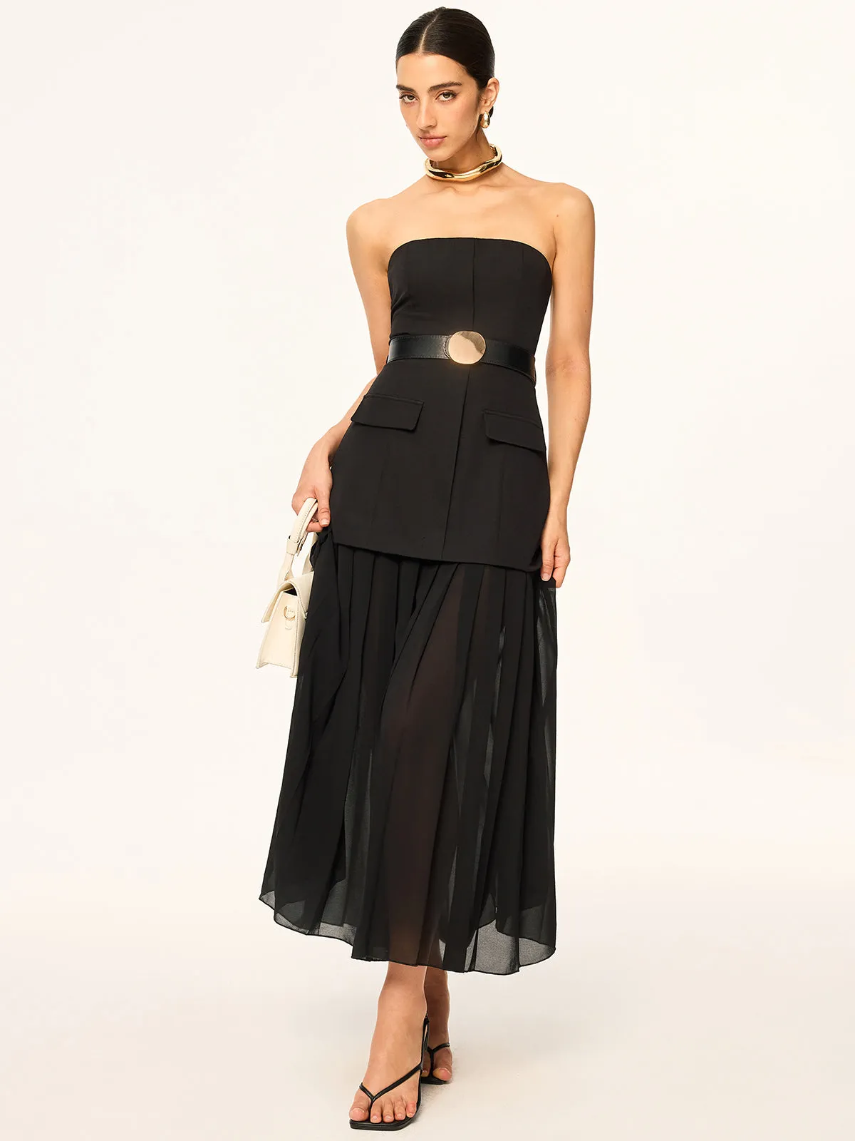 Strapless Belted Midi Dress with Pleated Chiffon Hem sold by COMMENSE product image thumbnail 2