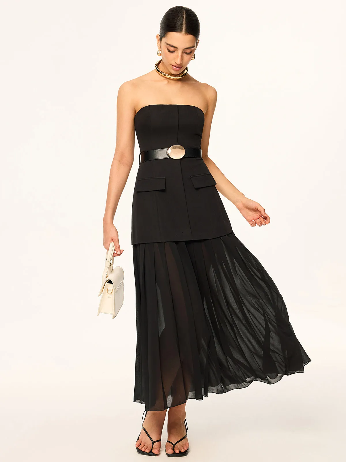 Strapless Belted Midi Dress with Pleated Chiffon Hem sold by COMMENSE
