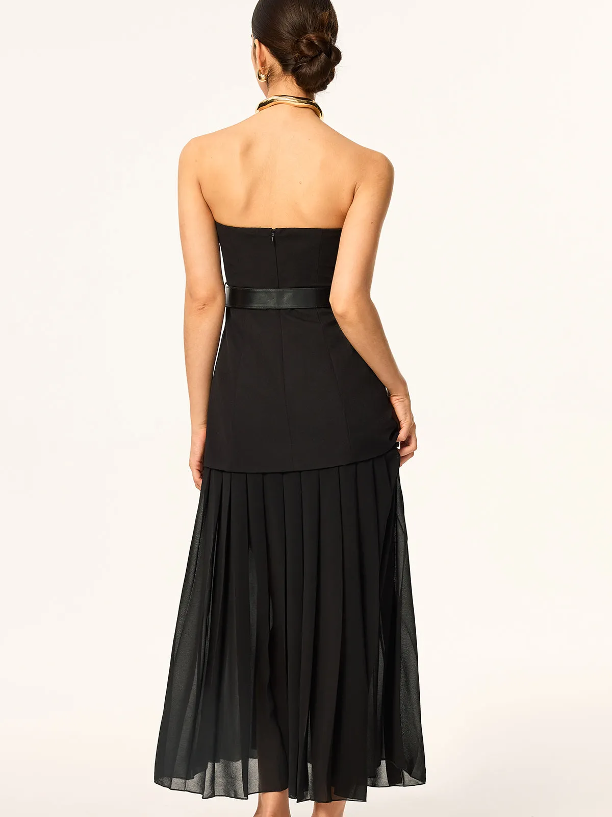 Strapless Belted Midi Dress with Pleated Chiffon Hem sold by COMMENSE product image thumbnail 4