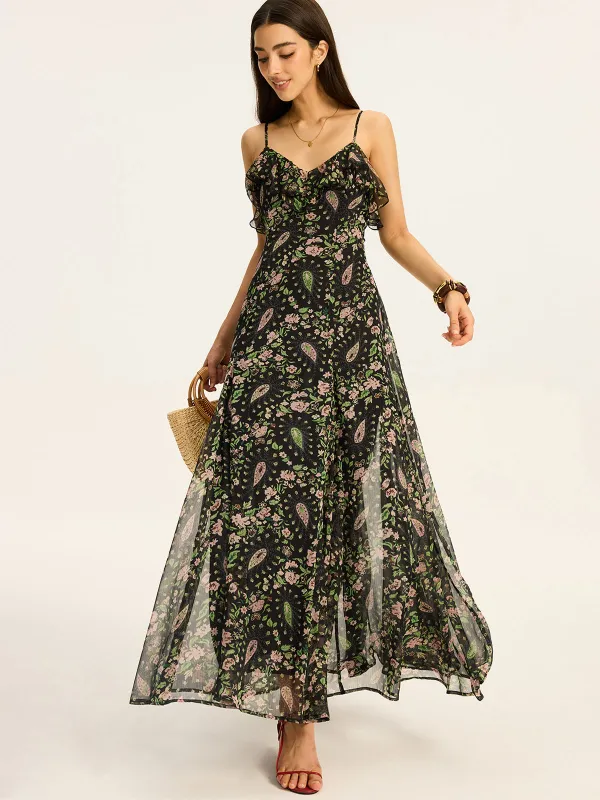 Floral Printed Chiffon Maxi Dress sold by COMMENSE