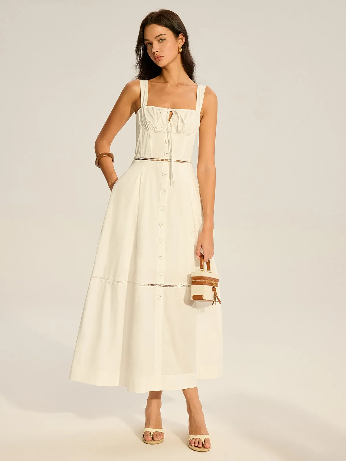 Lace Paneled Back-Tie Cotton Maxi Dress sold by COMMENSE product image thumbnail 3