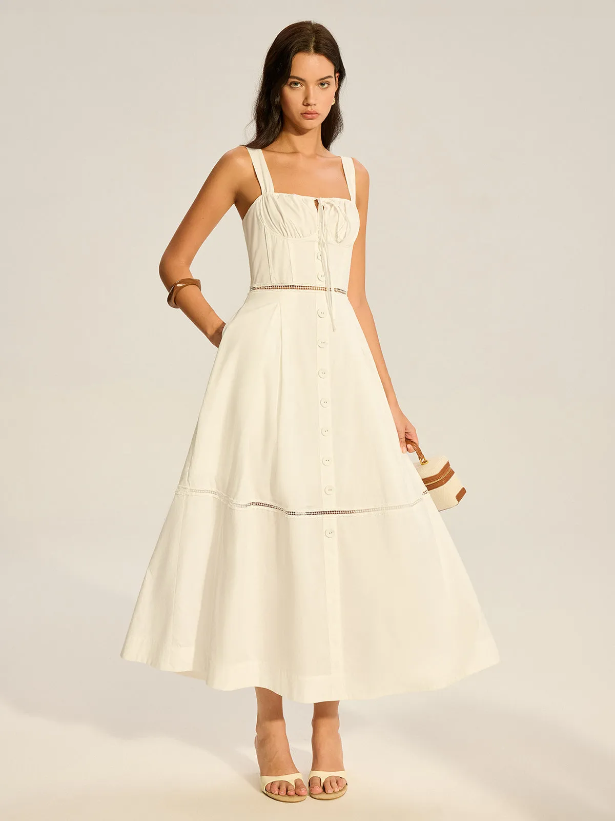 Lace Paneled Back-Tie Cotton Maxi Dress sold by COMMENSE