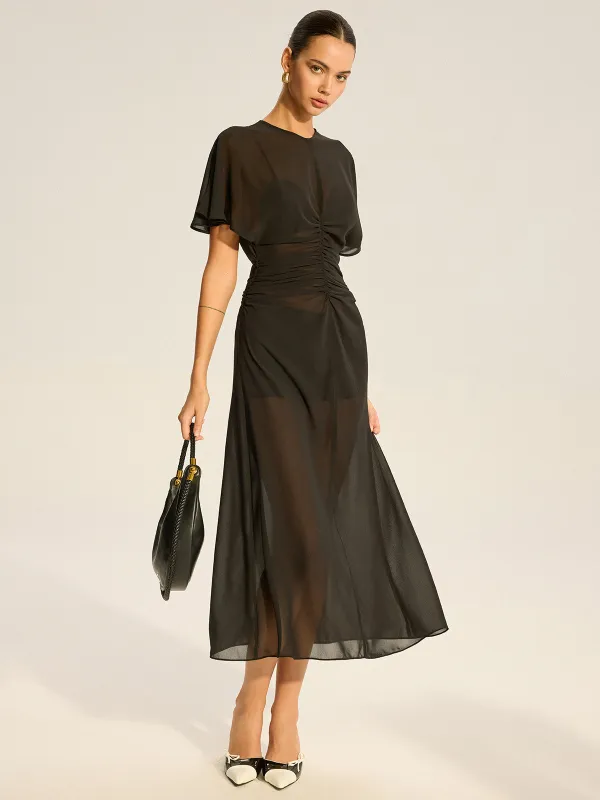 Sheer Chiffon Midi Dress with Lining Slip Two-Piece Set sold by COMMENSE