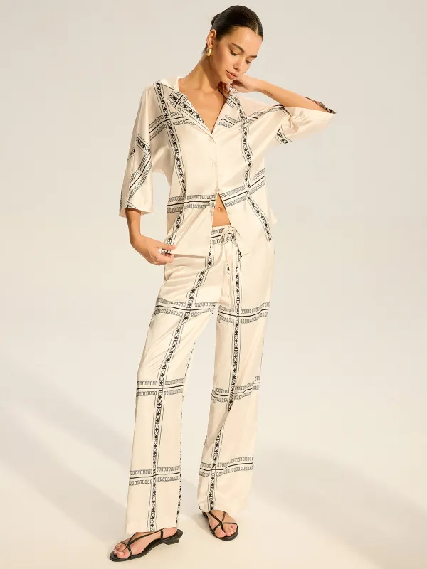 Geometric Printed Satin Pants Set sold by COMMENSE