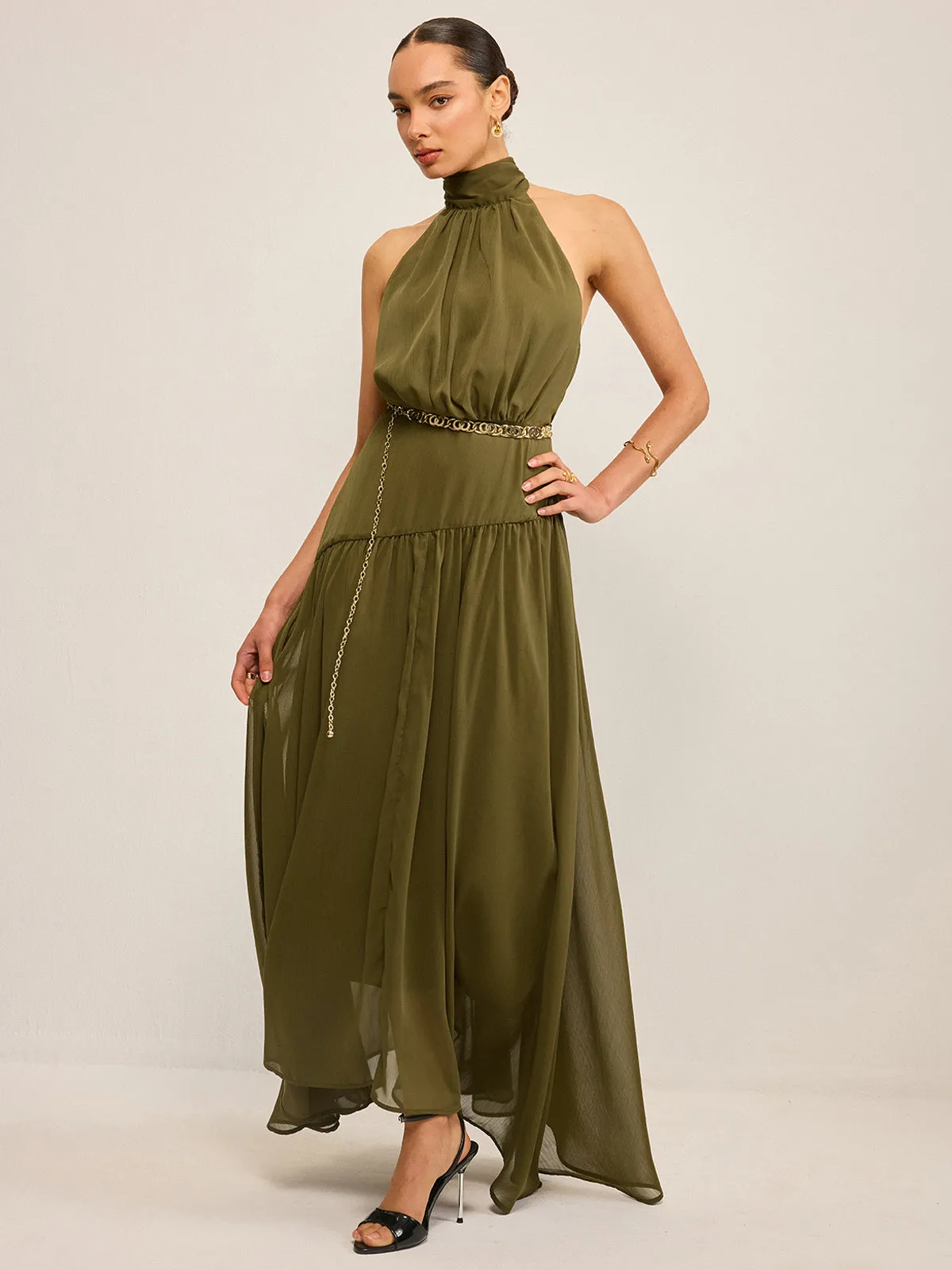 Semi-Sheer Halter Neck Chiffon Maxi Dress with Back Bow sold by COMMENSE product image thumbnail 2