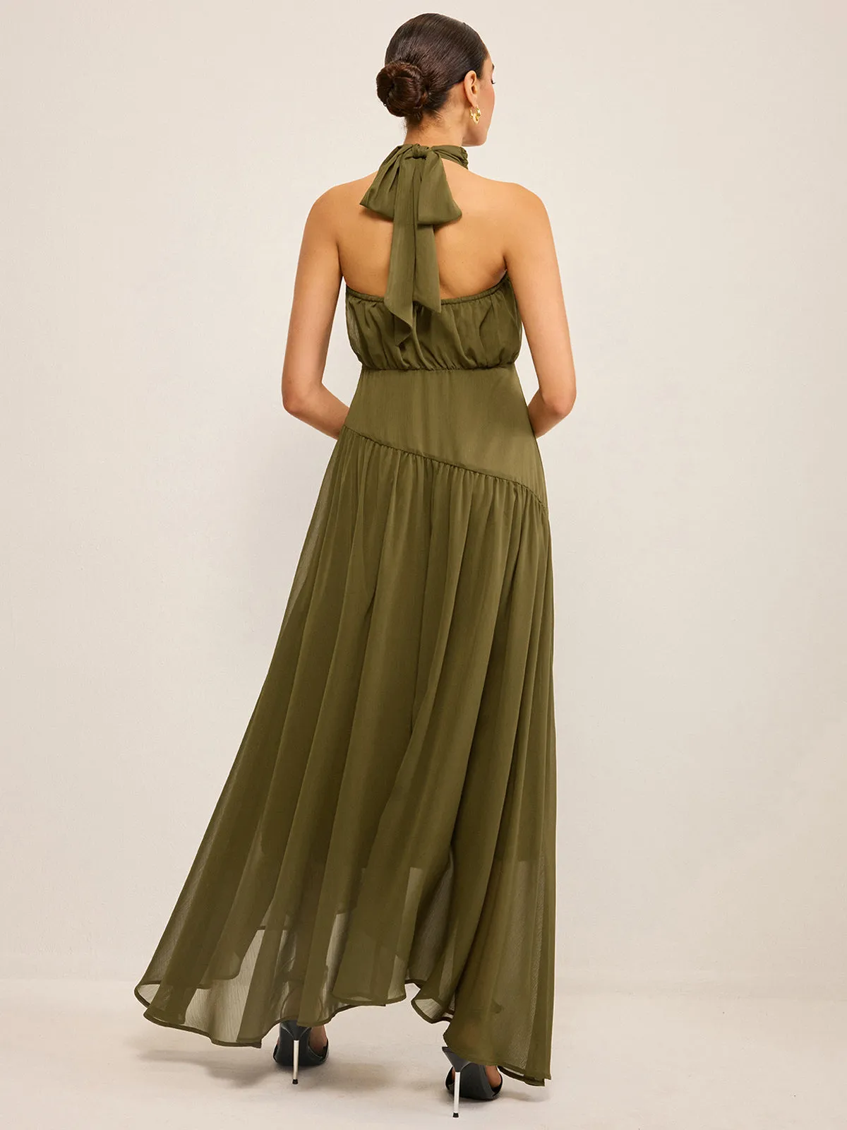 Semi-Sheer Halter Neck Chiffon Maxi Dress with Back Bow sold by COMMENSE product image thumbnail 5