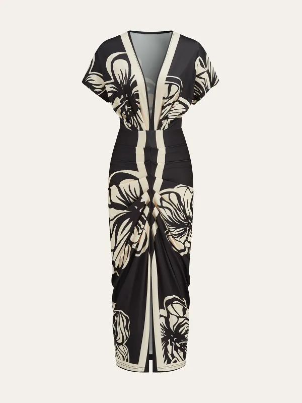 Floral Printed Ruched Deep V-Neck Midi Dress sold by COMMENSE