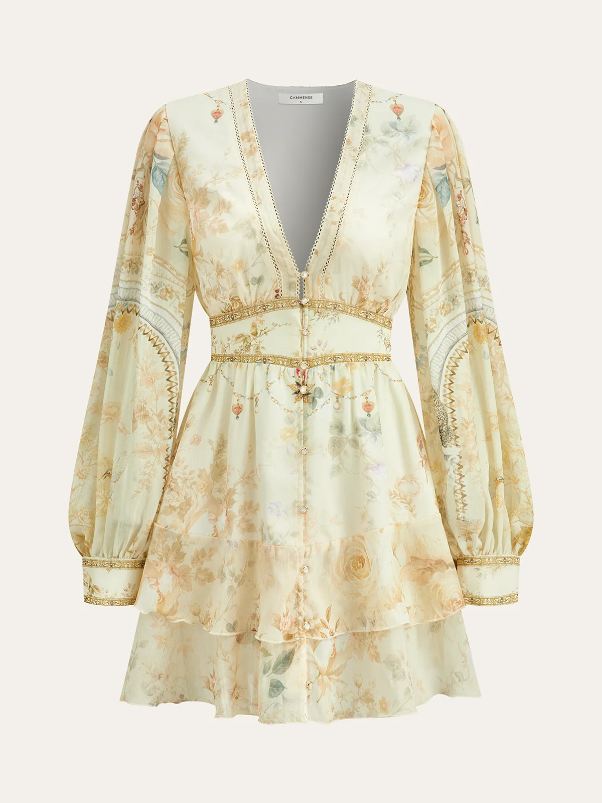 Semi-Sheer Chiffon Floral Printed Ruffled Mini Dress sold by COMMENSE