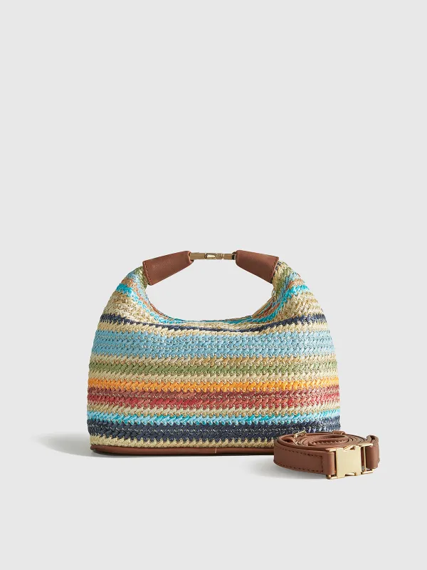 Color-Block Striped Straw Handbag with Leather Strap sold by COMMENSE