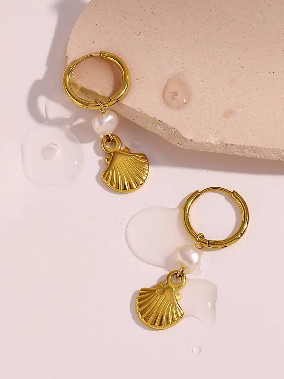Gold-Plated Hoop Earrings with Pearl and Shell Charms sold by COMMENSE product image thumbnail 3
