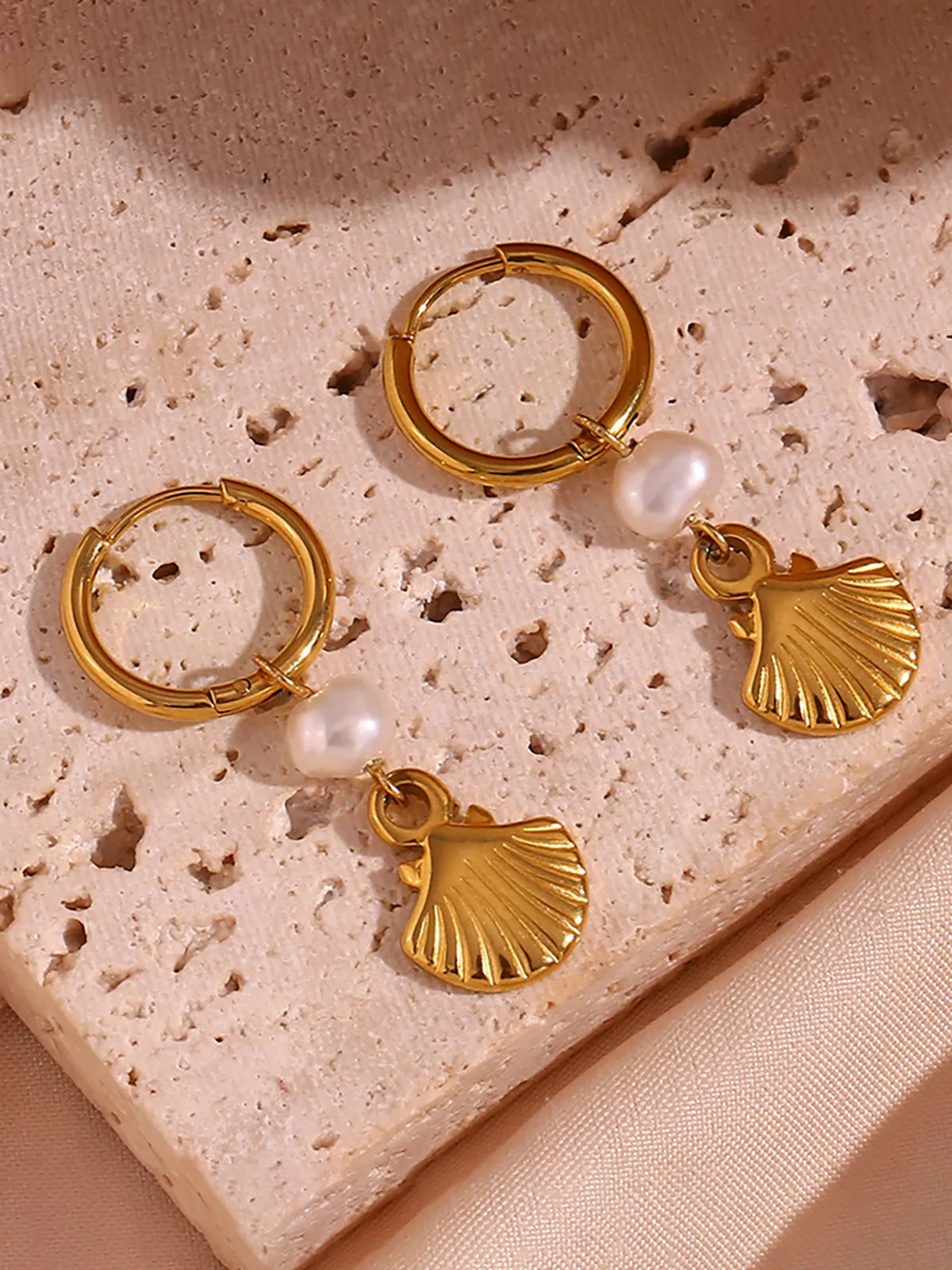 Gold-Plated Hoop Earrings with Pearl and Shell Charms sold by COMMENSE product image thumbnail 4