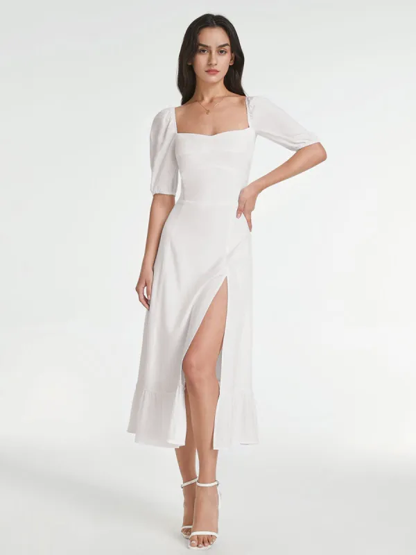 Square Neck Short Puff Sleeve Contour Slit Dress sold by COMMENSE
