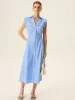 Linen & Cotton V-Neck Midi Dress with Metal Button sold by COMMENSE