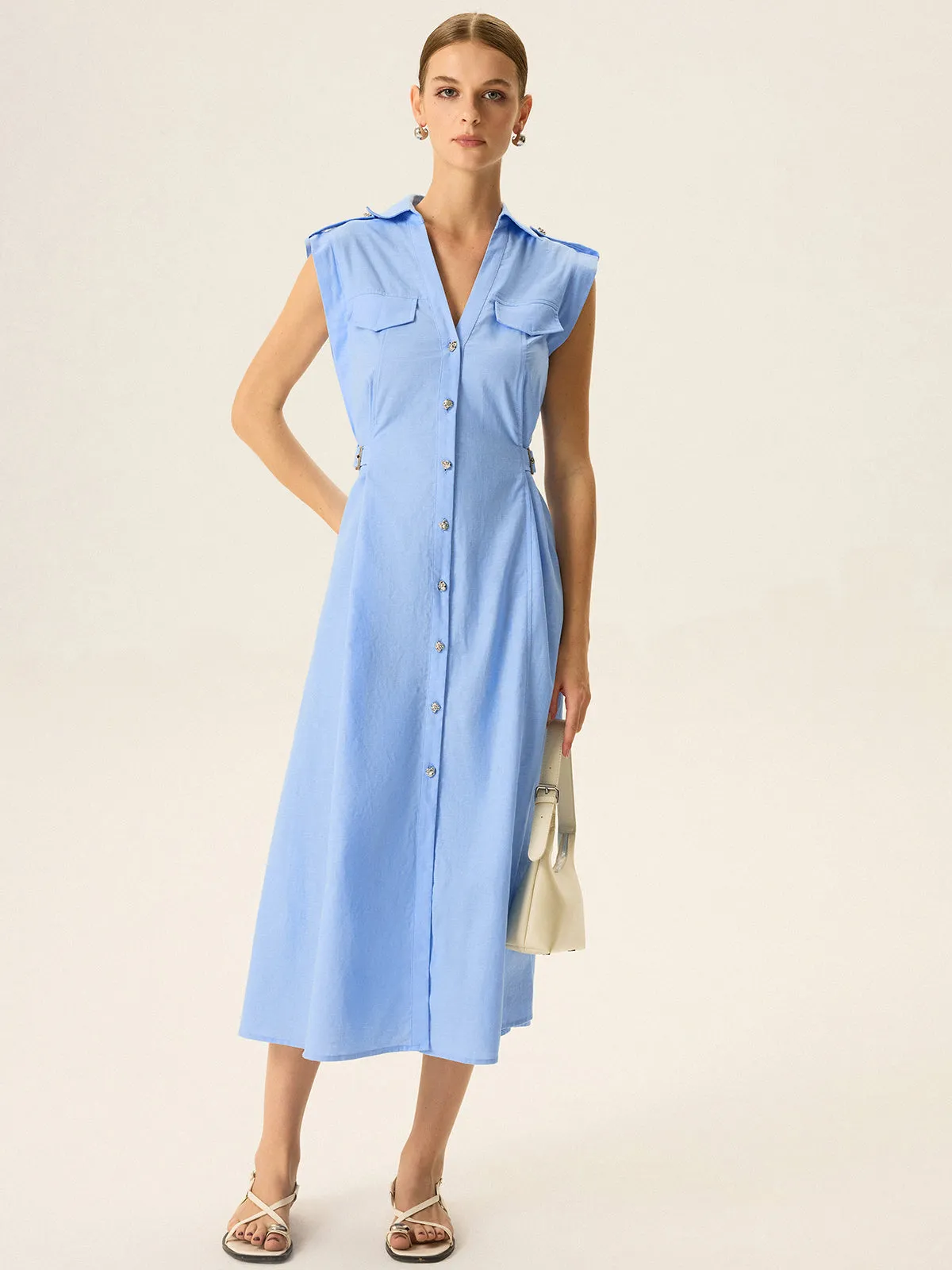 Linen & Cotton V-Neck Midi Dress with Metal Button sold by COMMENSE product image thumbnail 5