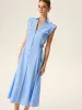 Linen & Cotton V-Neck Midi Dress with Metal Button sold by COMMENSE