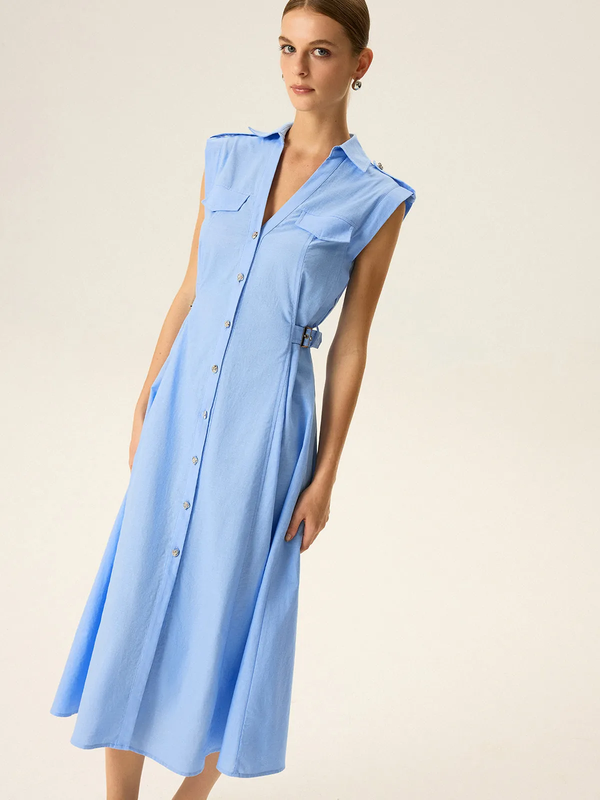 Linen & Cotton V-Neck Midi Dress with Metal Button sold by COMMENSE product image thumbnail 3