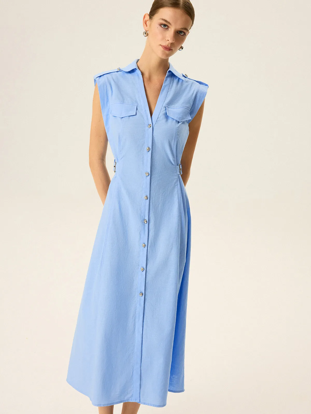 Linen & Cotton V-Neck Midi Dress with Metal Button sold by COMMENSE product image thumbnail 2