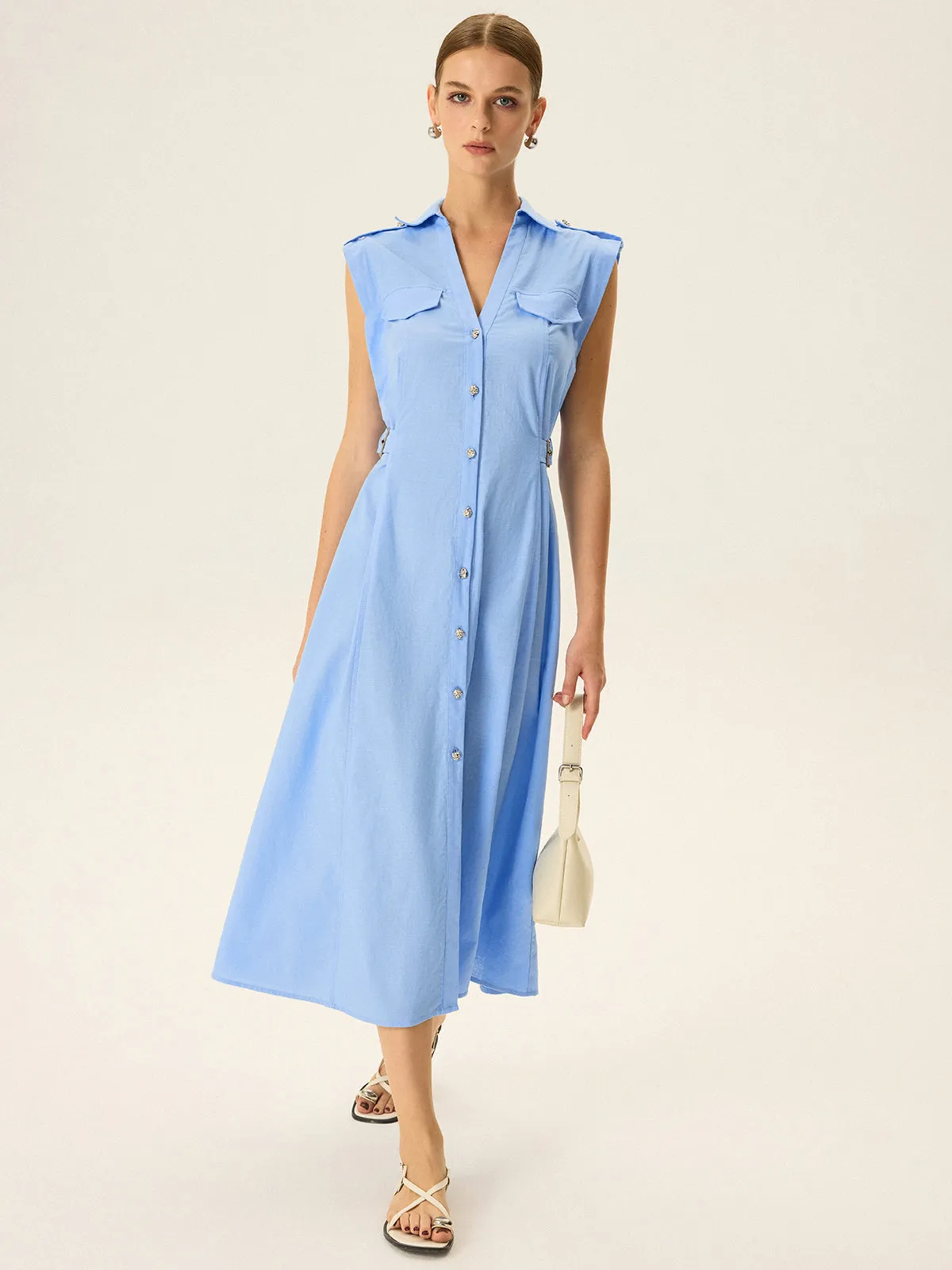 Linen & Cotton V-Neck Midi Dress with Metal Button sold by COMMENSE