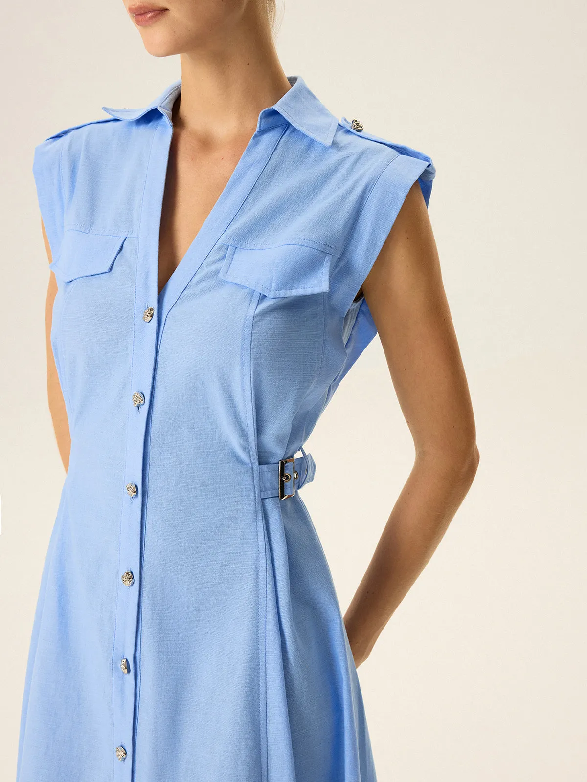 Linen & Cotton V-Neck Midi Dress with Metal Button sold by COMMENSE product image thumbnail 4