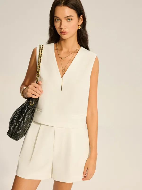 V-Neck Pocketed Top and Pleated Shorts Set sold by COMMENSE