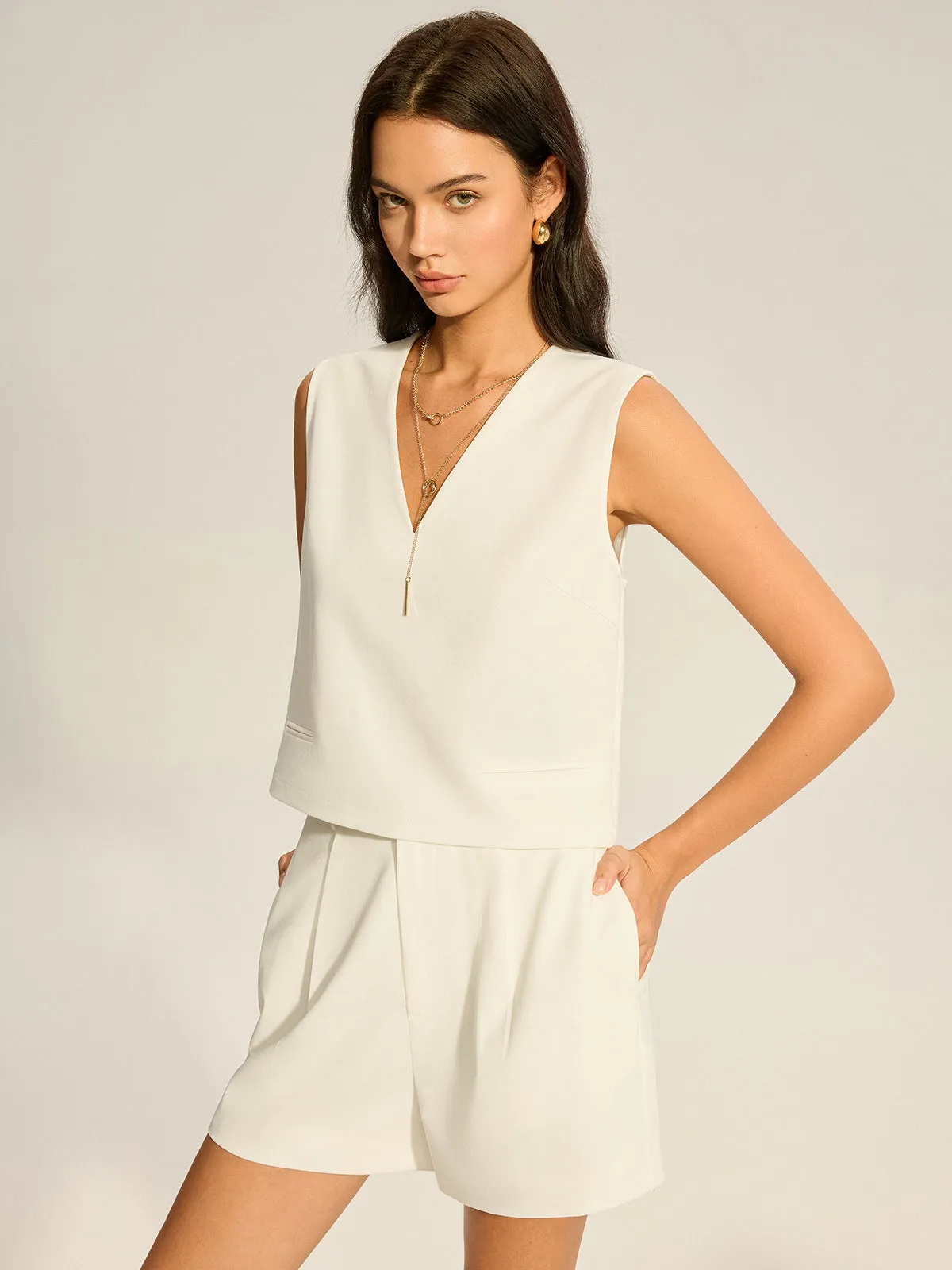 V-Neck Pocketed Top and Pleated Shorts Set sold by COMMENSE product image thumbnail 5