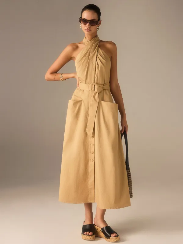 Cotton Pleated Halter Neck Belted Midi Dress sold by COMMENSE