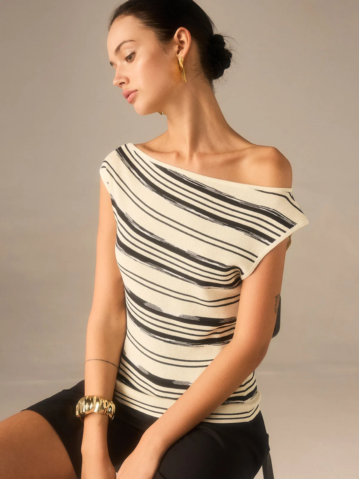 Asymmetric Off-Shoulder Striped Knit Top sold by COMMENSE product image thumbnail 2